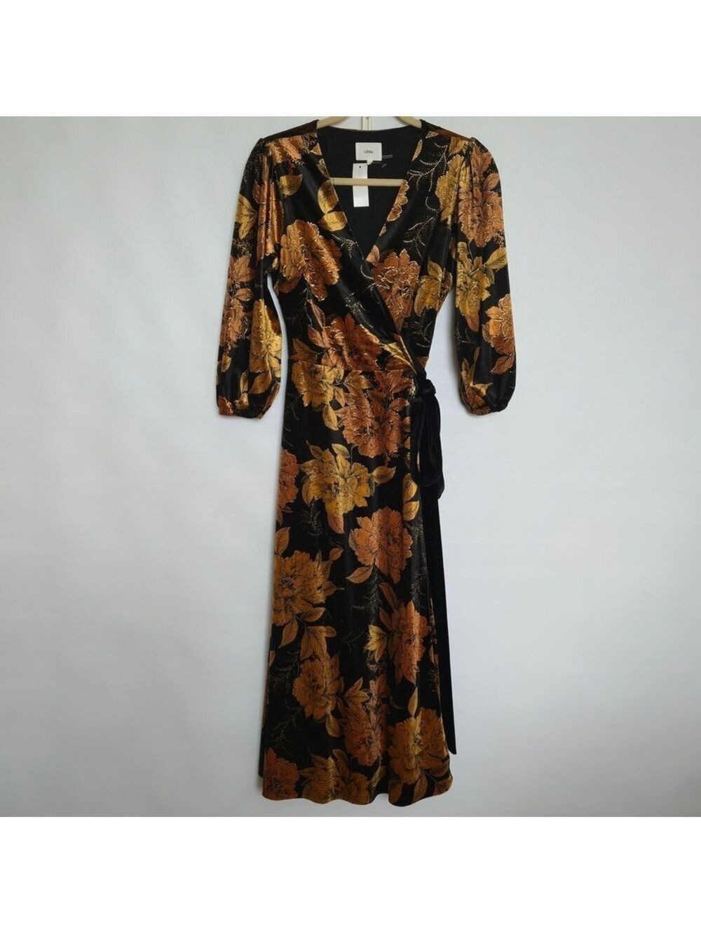 LENA Dress Full-Wrap Women NWT Black Gold Long Sleeve Floral Fall Festive Small - Picture 2 of 14